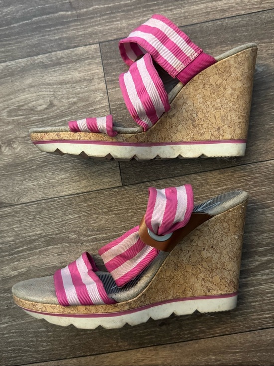 Skechers Shoes - Skechers Pink and White Striped Cork Wedge Sandals with Fabric Straps